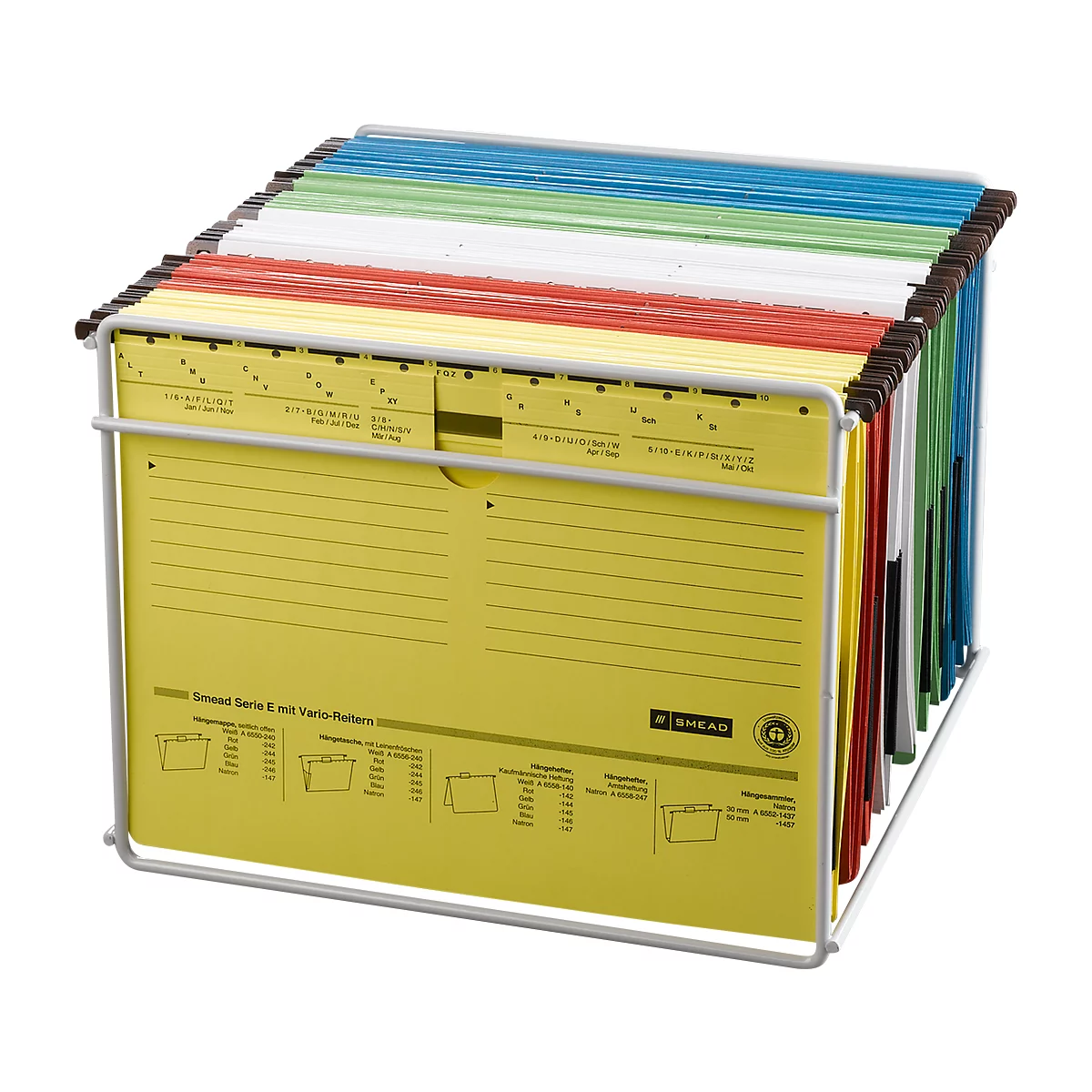 A yellow hanging file with various colored file cards. Including yellow file cards with text and graphics.