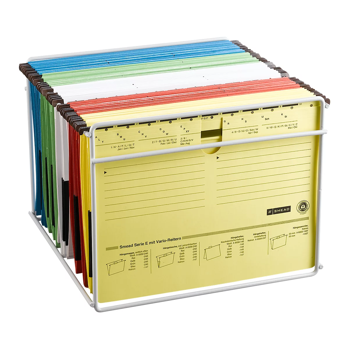 A file folder system with colored index cards in a white wire frame.