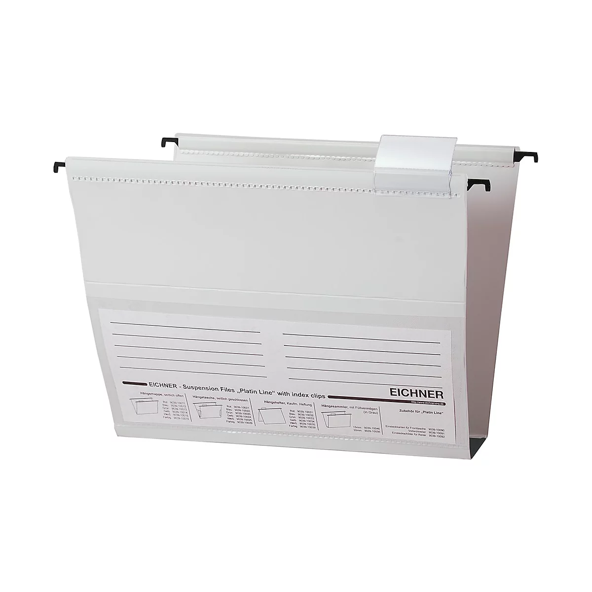 White cardboard suspension file, with black hooks for hanging, labeled 'EICHNER'.