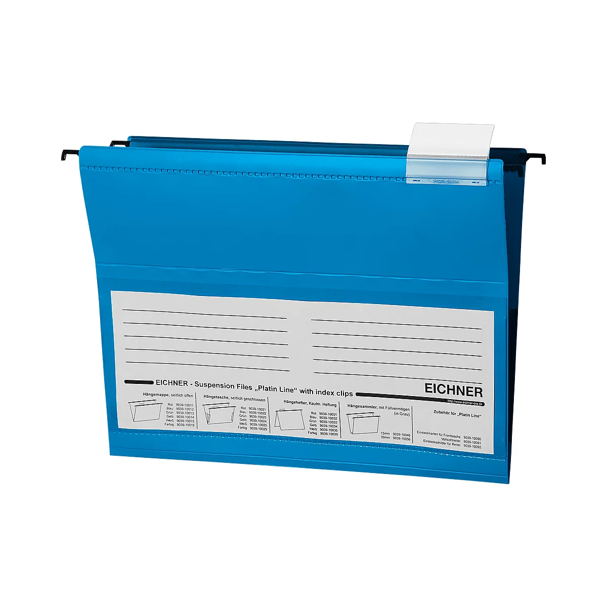 Light blue hanging file with a white label and index clip. The label is printed with "EICHNER - Suspension Files, Platin Line".