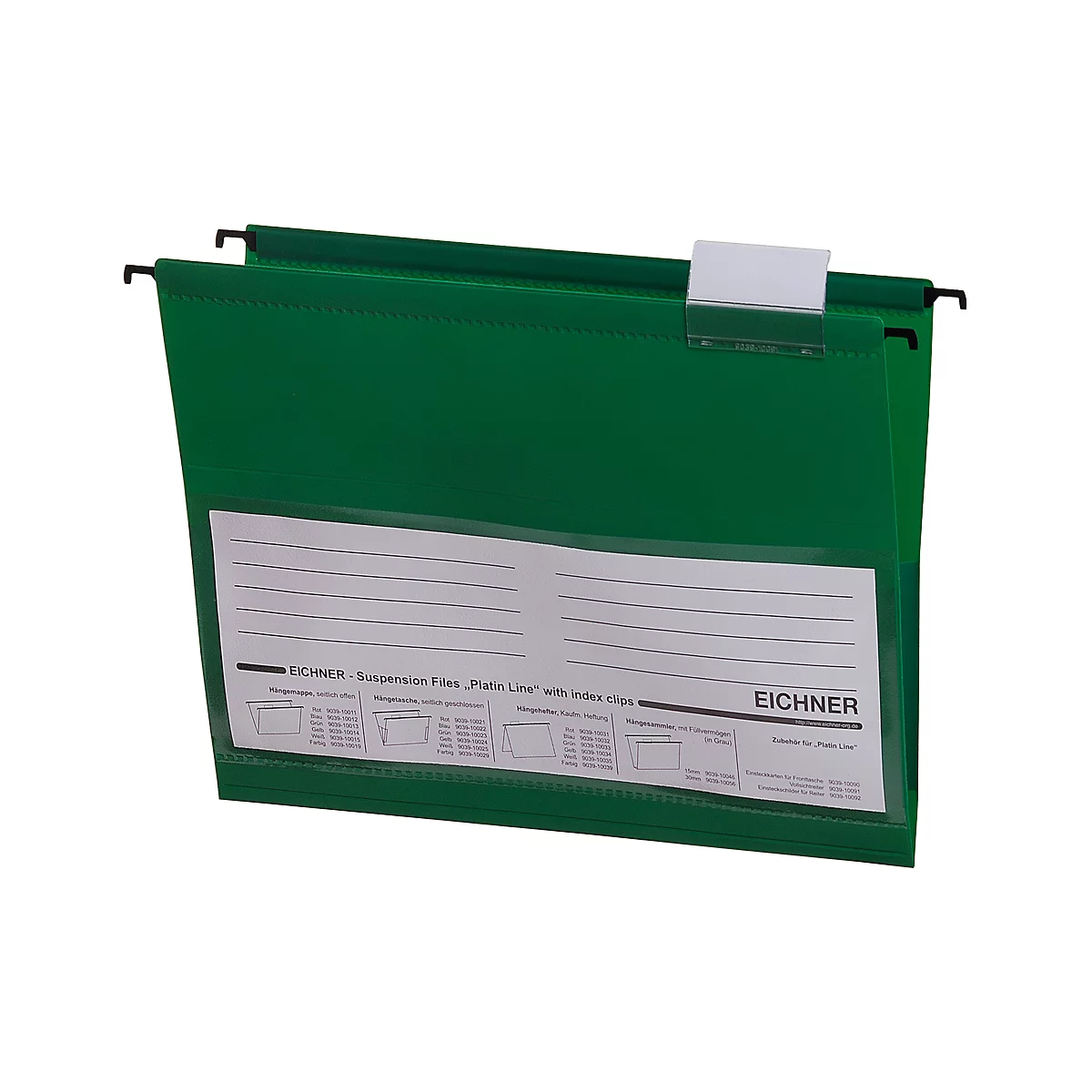 Green hanging file folders with transparent labeling field, on black metal hangers. The label says: EICHNER - Suspension Files, Platin Line with Index clips.