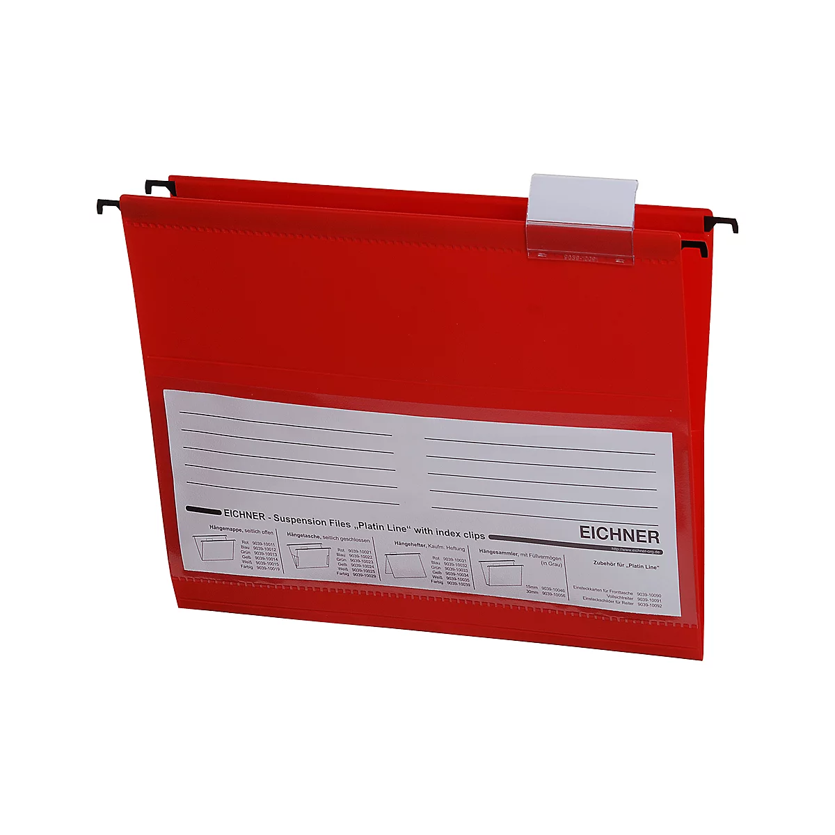 Red hanging file folder with white label and text: EICHNER. Black hangers.