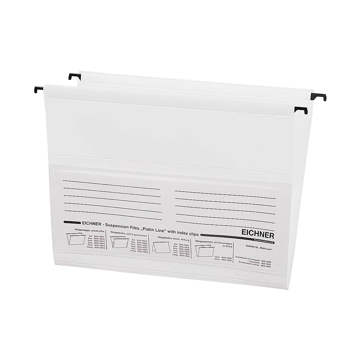 Two white hanging files with black holders. Inscription: EICHNER Suspension Files, Platine Line with Index Clips.