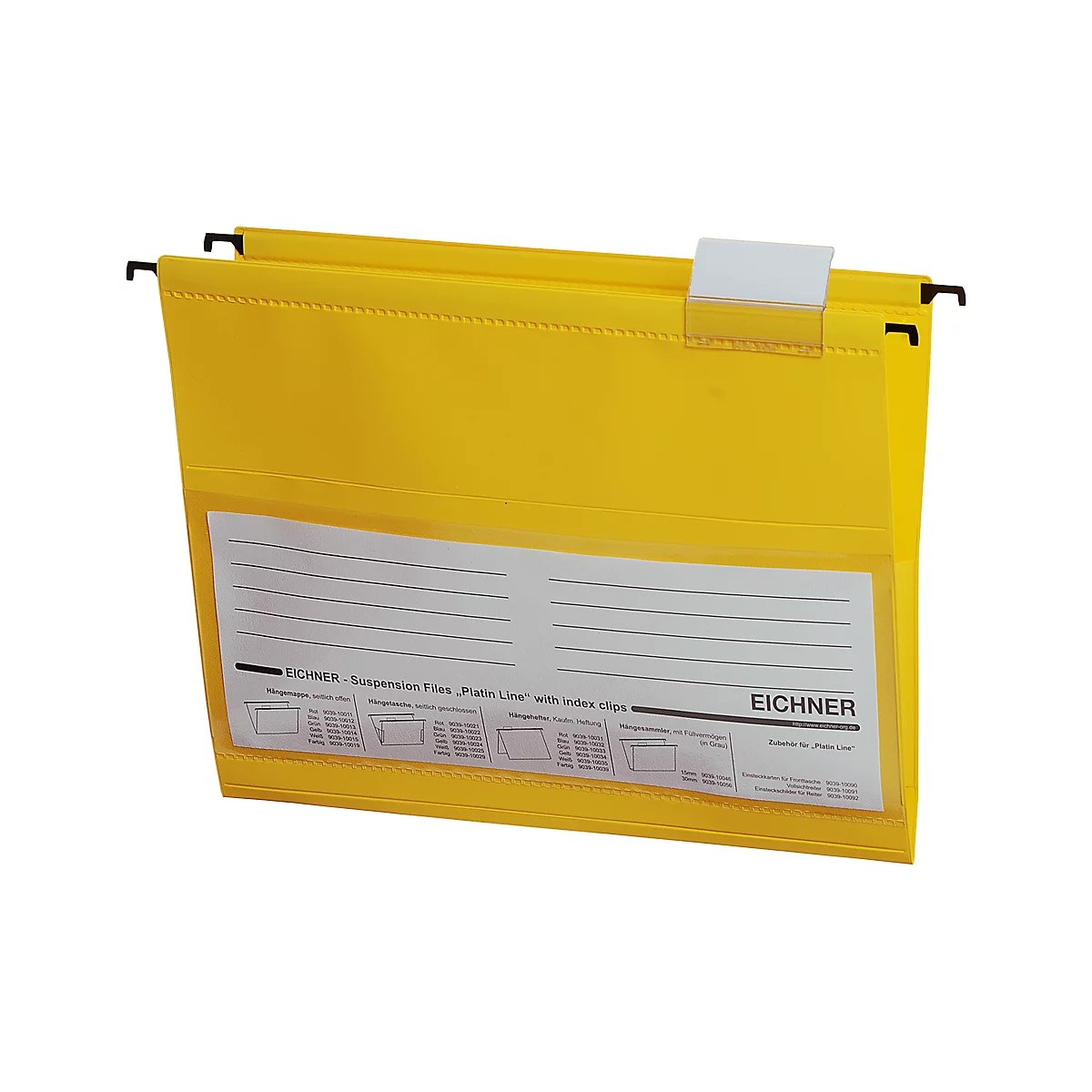Yellow hanging file folder with transparent label field and black metal hooks.