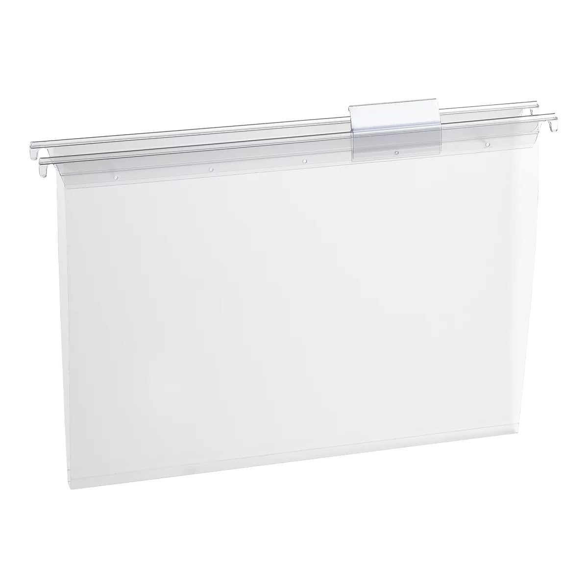 Hanging file folder, white rectangle with transparent top edge. Metal holding device with label.