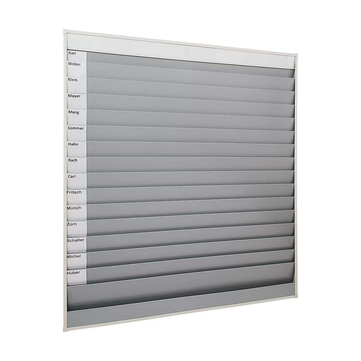 Eichner werkplaatsplanner, brede uitvoering, 15 rails, voor maximaal 75 A4 ordervakken, B 1580 x H 1757 mm, kunststof, grijs