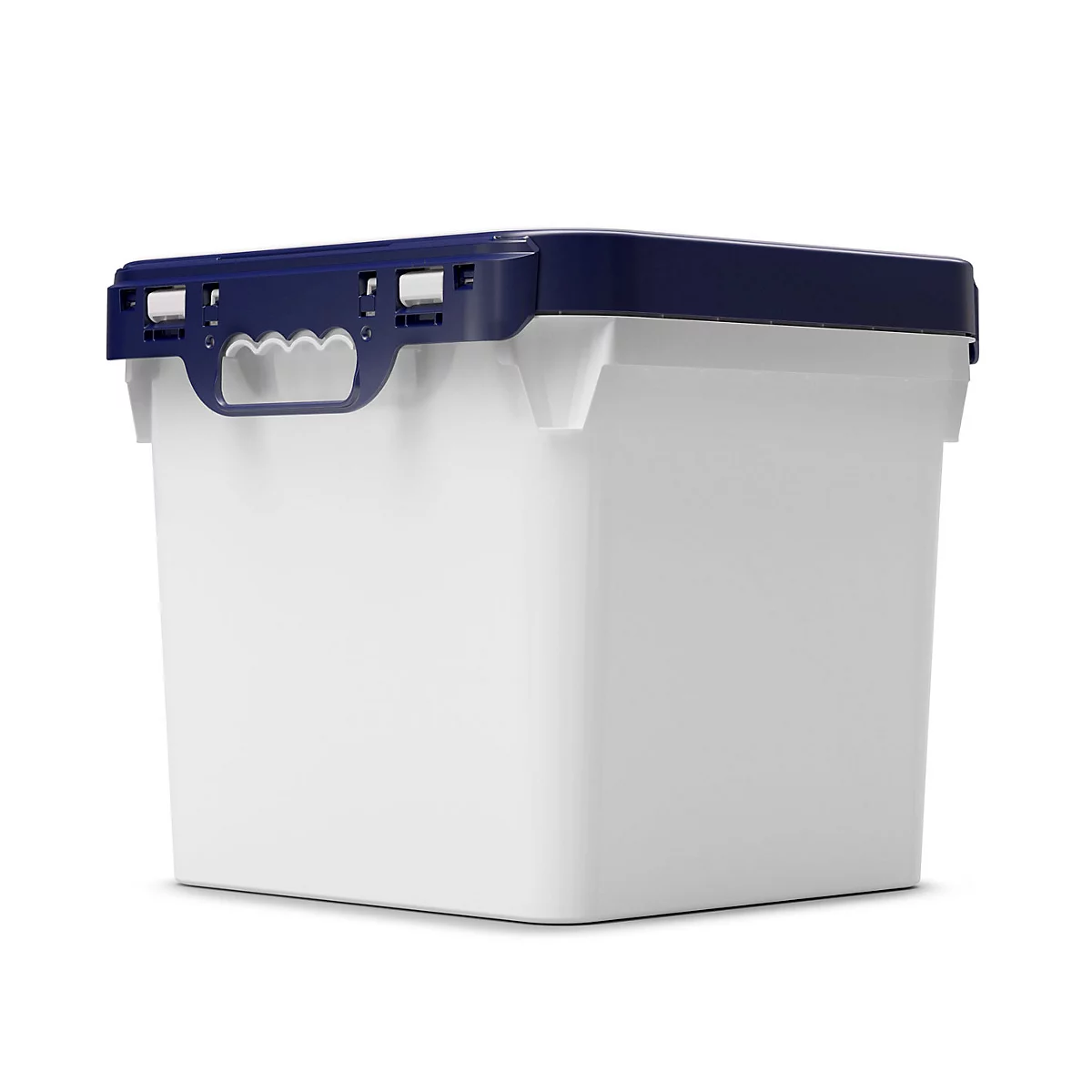 Weiße Kunststoffbox mit blauem Deckel und Tragegriff.