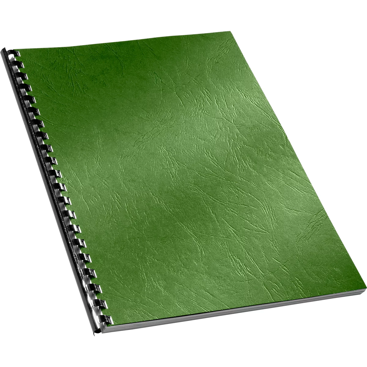 Ein grünes Notizbuch mit Spiralbindung, leicht schräg vor weissem Hintergrund.