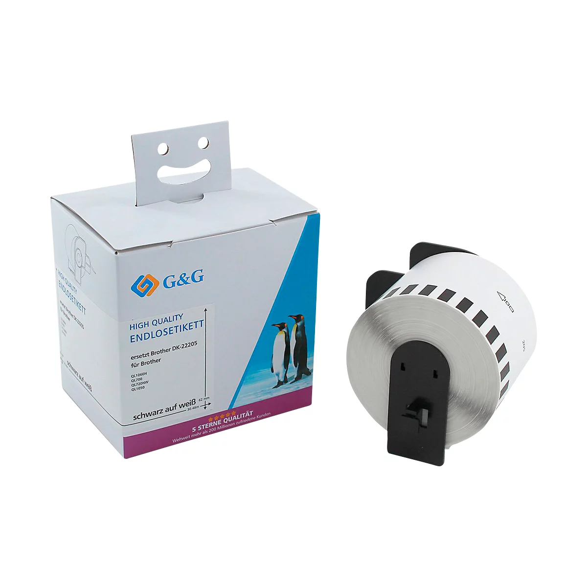 Eindeloze etiketten compatibel met Brother DK-22205, 62mm x 30,48m, papier wit, zelfklevend, permanent.