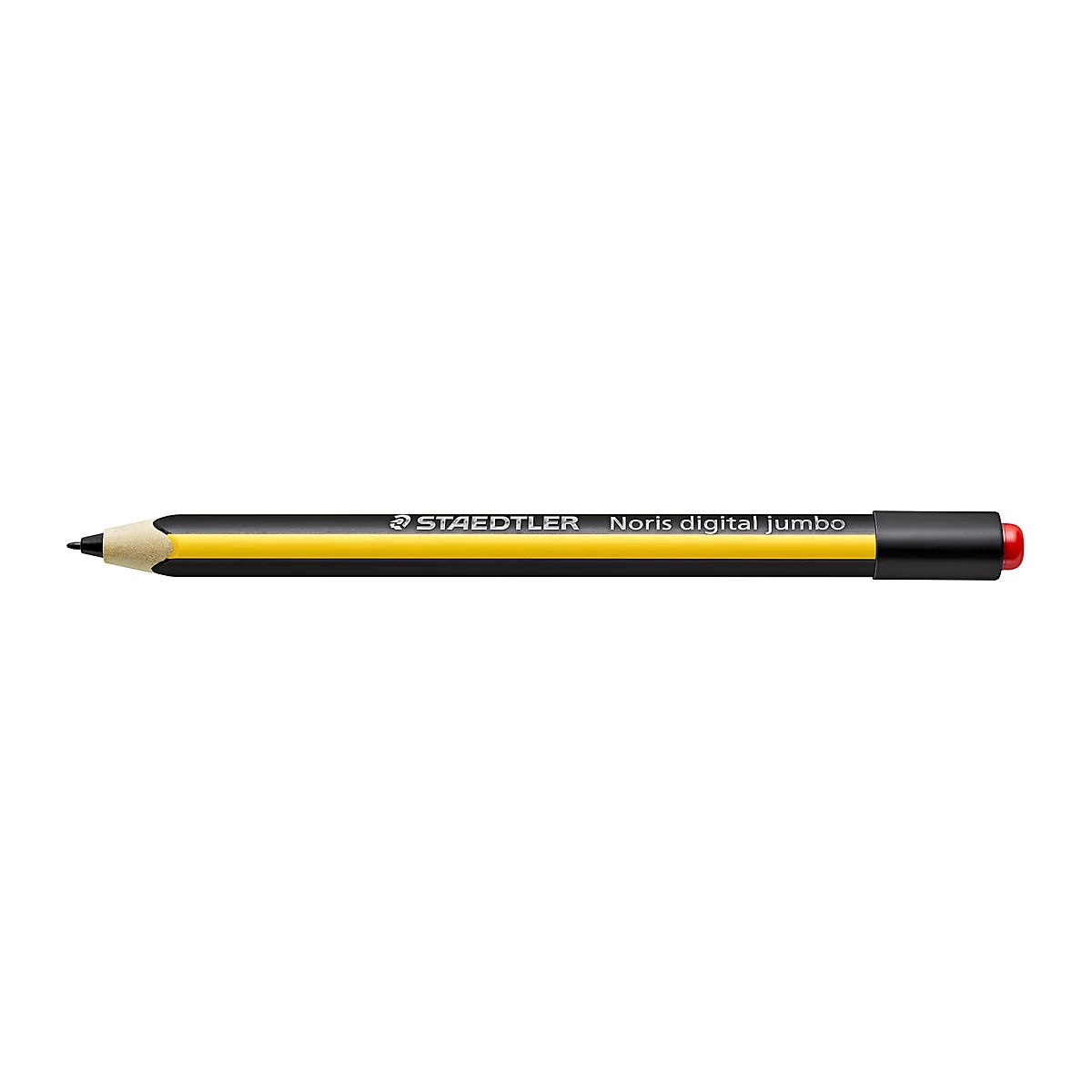 Eingabestift STAEDTLER Noris® Digital Jumbo, für EMR-fähige Endgeräte, austauschbare Spitze, 4096 Druckstufen, Handballenerkennung, digitales Radiergummi, Dreikant, nachhaltiger Holzwerkstoff, schwarz-gelb