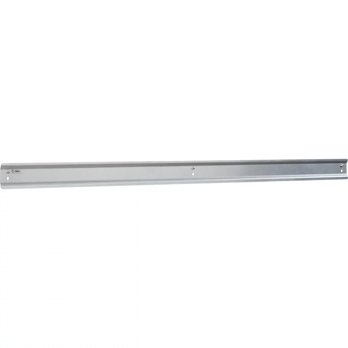 Graue, metallene Regalhalterung in L-Form, mit Löchern zur Befestigung an der Wand. Die Kante ist abgerundet.