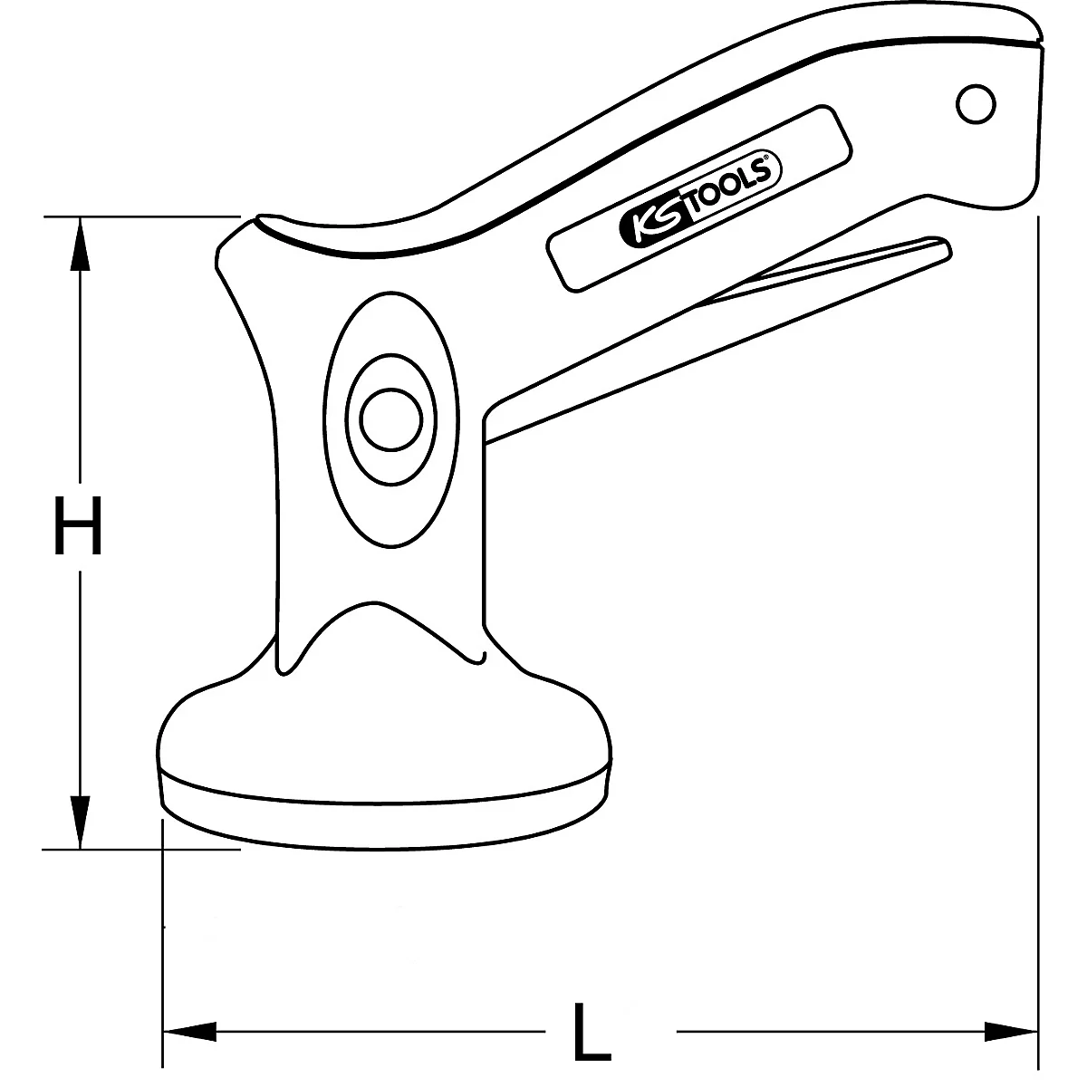 Skizze eines KS TOOLS Werkzeugs mit Maßangaben. Das Werkzeug hat eine abgerundete Form mit einem Griff, der das Logo trägt.