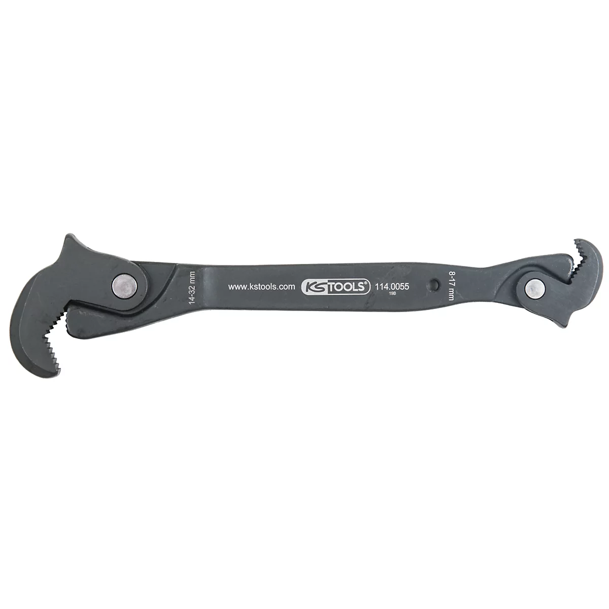 Verstellbarer KS Tools Schraubenschlüssel, grau, mit Zähnen und Schriftzug.