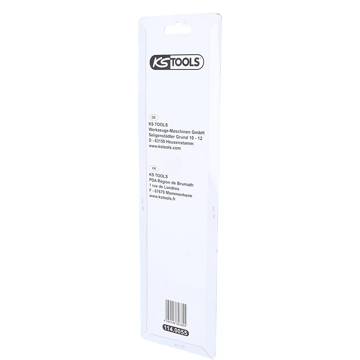 Rückseite der Verpackung mit Logos und Produktinformationen. Schwarze Schrift auf weißem Hintergrund, KS TOOLS Logo.