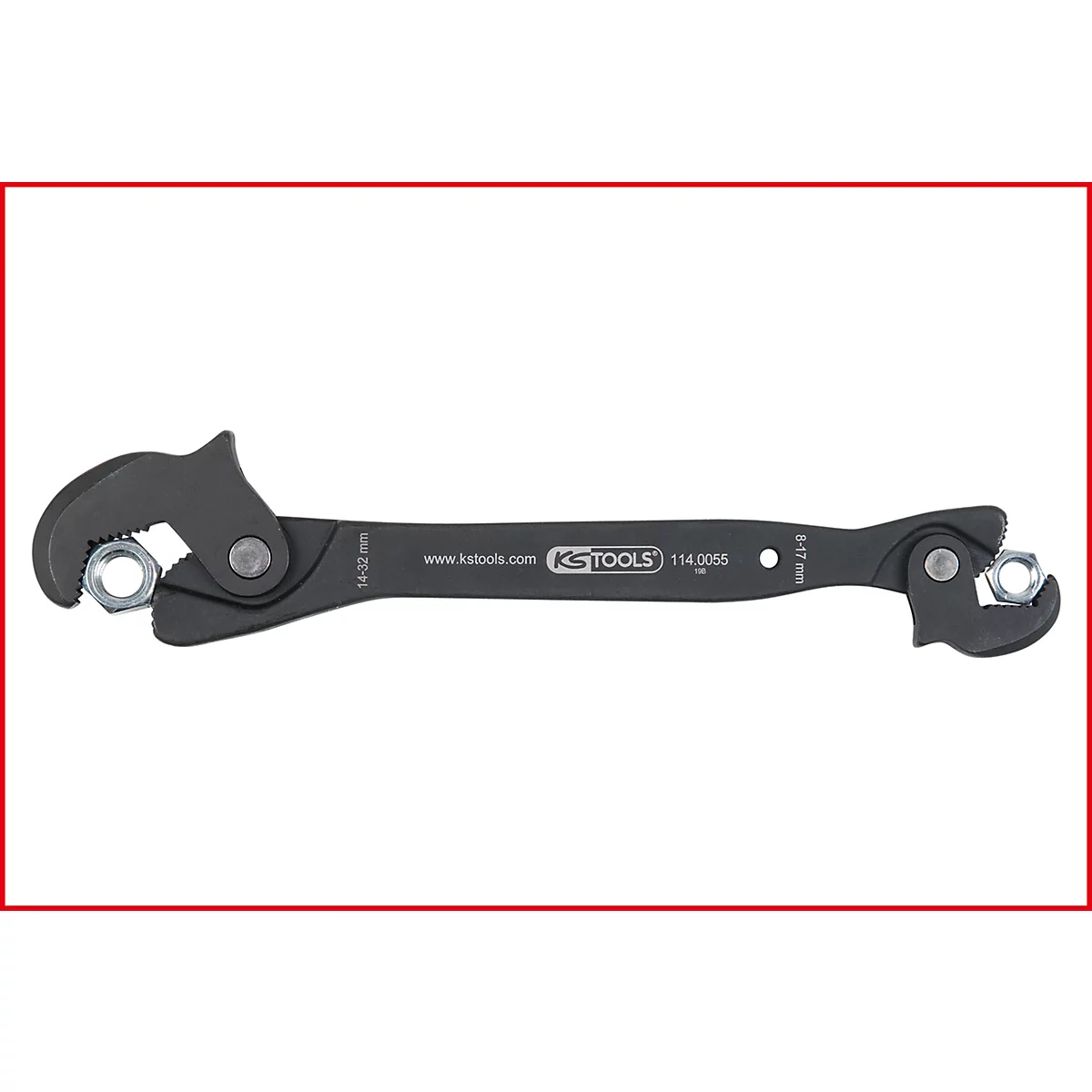 Schwarzer KS Tools Doppelschlüssel mit zwei Schrauben. Aufschrift 'KS TOOLS' und Größenangaben.