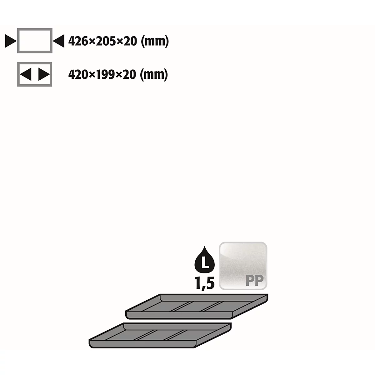 Einlegewanne für asecos Sicherheitsschränke der UB90 Serie, Polyethylen, schwarz, B 426 x T 205 x H 20 mm, 1,5 l