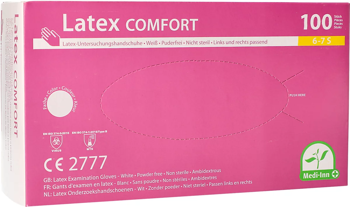 Einmalhandschuhe Medi-Inn® PS Latex Comfort, für links & rechts, puderfrei, nicht steril, lebensmittelgeeignet, Größe S, Naturlatex, weiß, 100 Stück