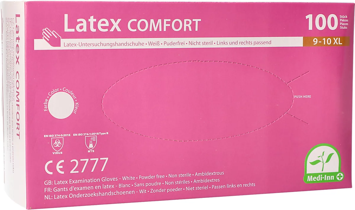 Einmalhandschuhe Medi-Inn® PS Latex Comfort, für links & rechts, puderfrei, nicht steril, lebensmittelgeeignet, Größe XL, Naturlatex, weiß, 100 Stück