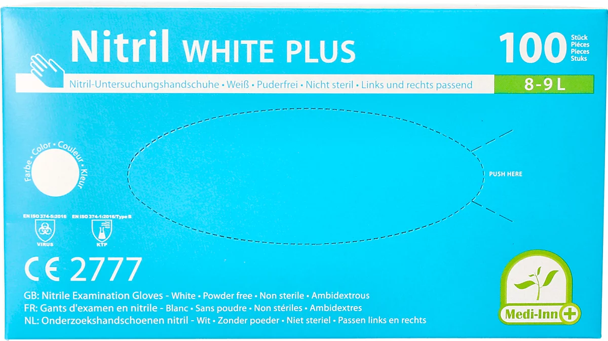 Einmalhandschuhe Medi-Inn® PS Nitril White Plus, für links/rechts, puderfrei, nicht steril, allergikergeeignet, Größe L, Nitril, weiß, 100 Stück