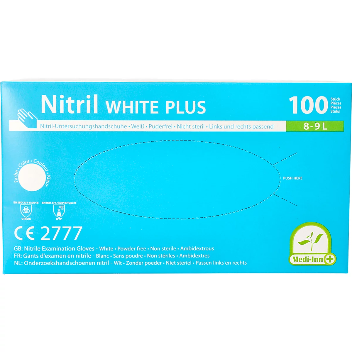 Einmalhandschuhe Medi-Inn® PS Nitril White Plus, für links/rechts, puderfrei, nicht steril, allergikergeeignet, Größe L, Nitril, weiß, 100 Stück