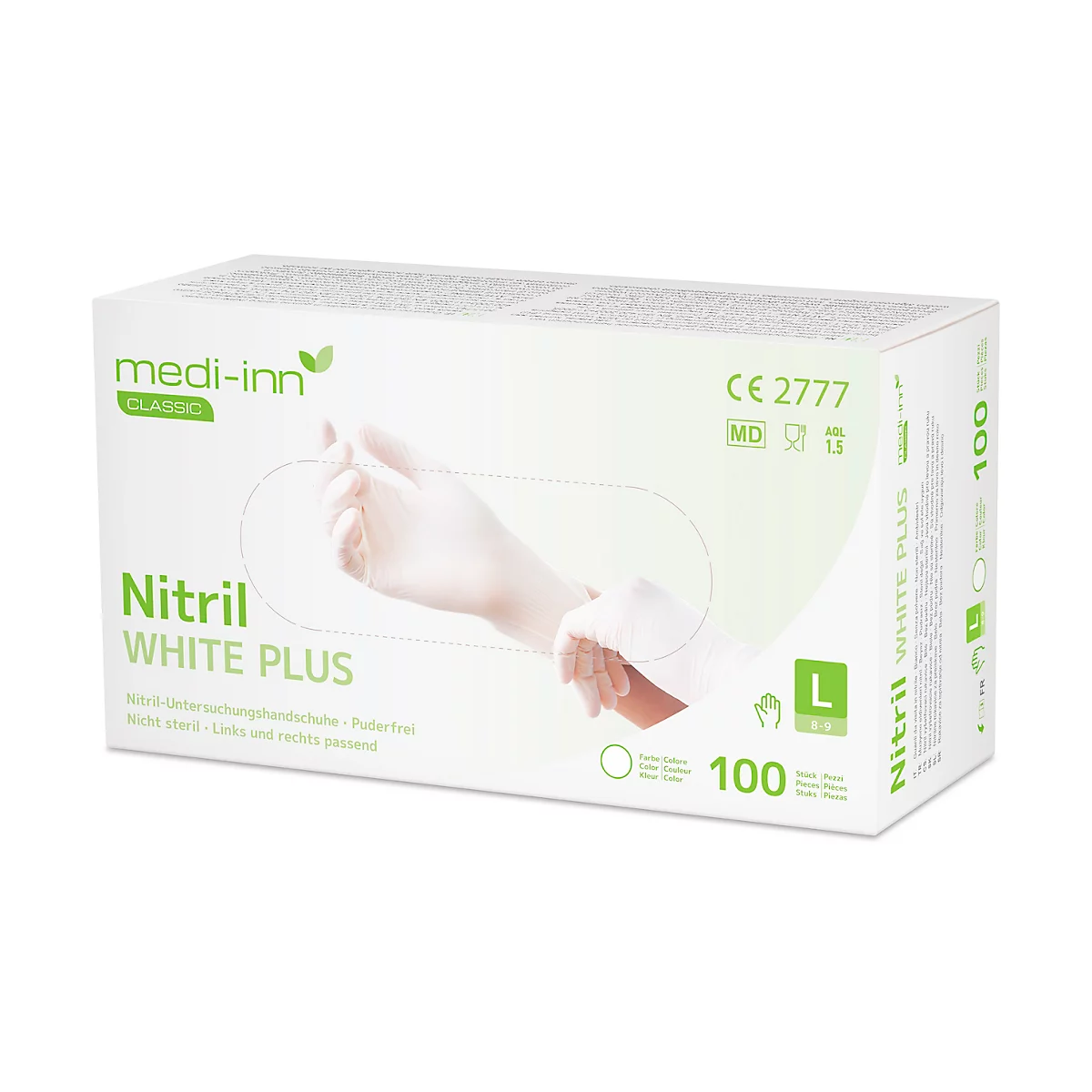 Weiße Box mit medizinischen Handschuhen, Aufdruck 'Nitril White Plus', Hand zeigt einen angezogenen Handschuh.
