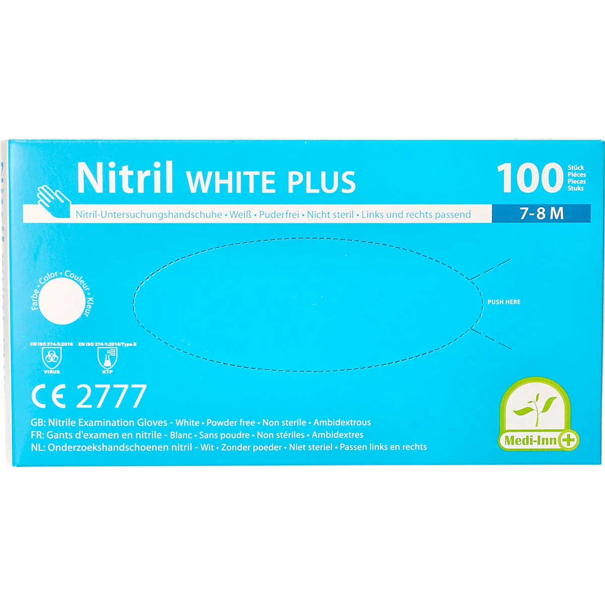 Einmalhandschuhe Medi-Inn® PS Nitril White Plus, für links/rechts, puderfrei, nicht steril, allergikergeeignet, Größe M, Nitril, weiß, 100 Stück