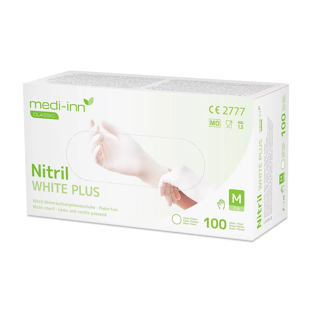 Weiße Box mit Handschuhen, Marke: medi-inn. Aufdruck: Nitril White Plus, Größe M, 100 Stück.