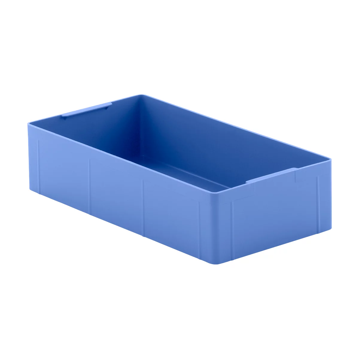 Blaue Kunststoffbox, rechteckig mit Griffausschnitten.