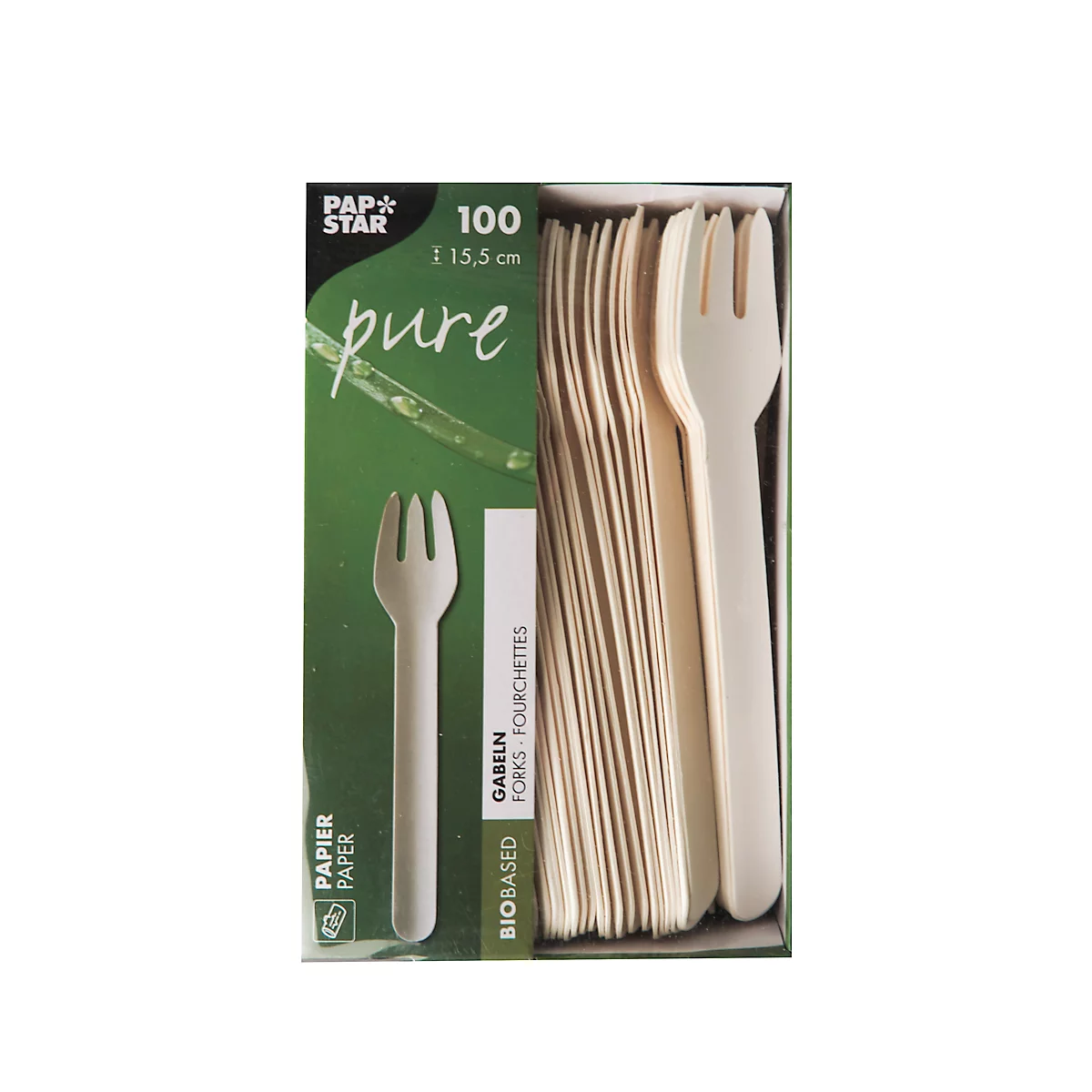 Eine Schachtel mit 100 biologisch abbaubaren Gabeln. Auf der Verpackung steht "Pure" und "Pap Star".