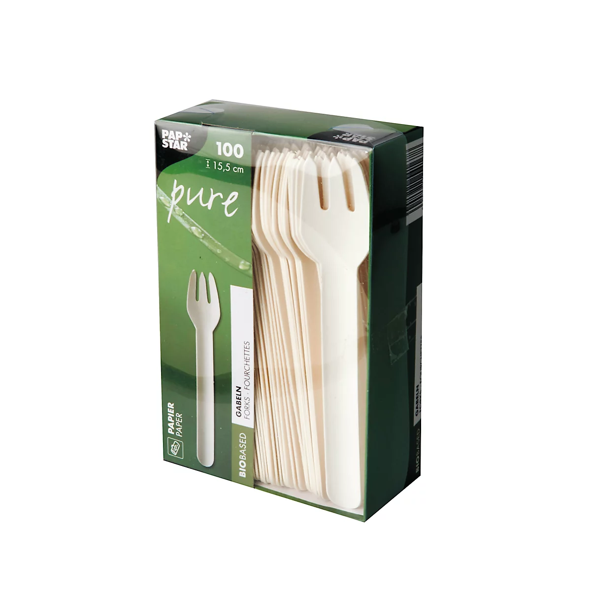 Verpackung mit 100 biologisch abbaubaren Gabeln aus Papier. Die Packung ist grün und weiß, mit Produktnamen und Marke.