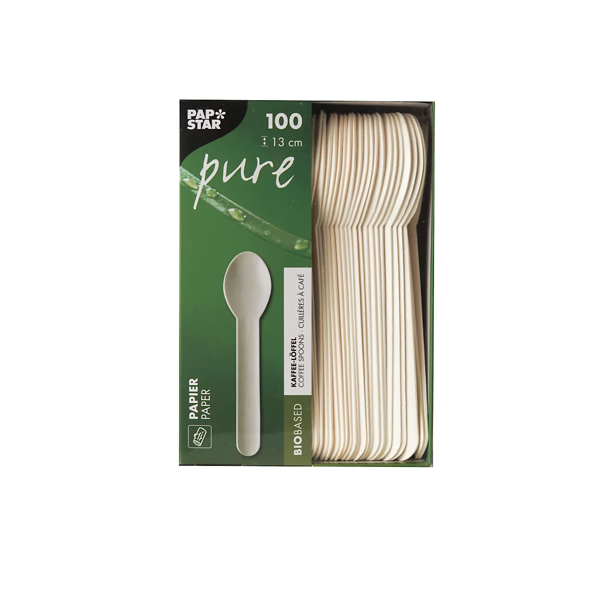 Packung mit 100 Holzlöffeln. Auf der Verpackung steht "pure" und weitere Informationen.