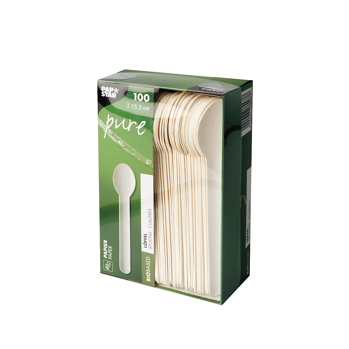 Packung mit 100 biologisch abbaubaren Holzlöffeln in grüner Verpackung, mit Text 'pure'