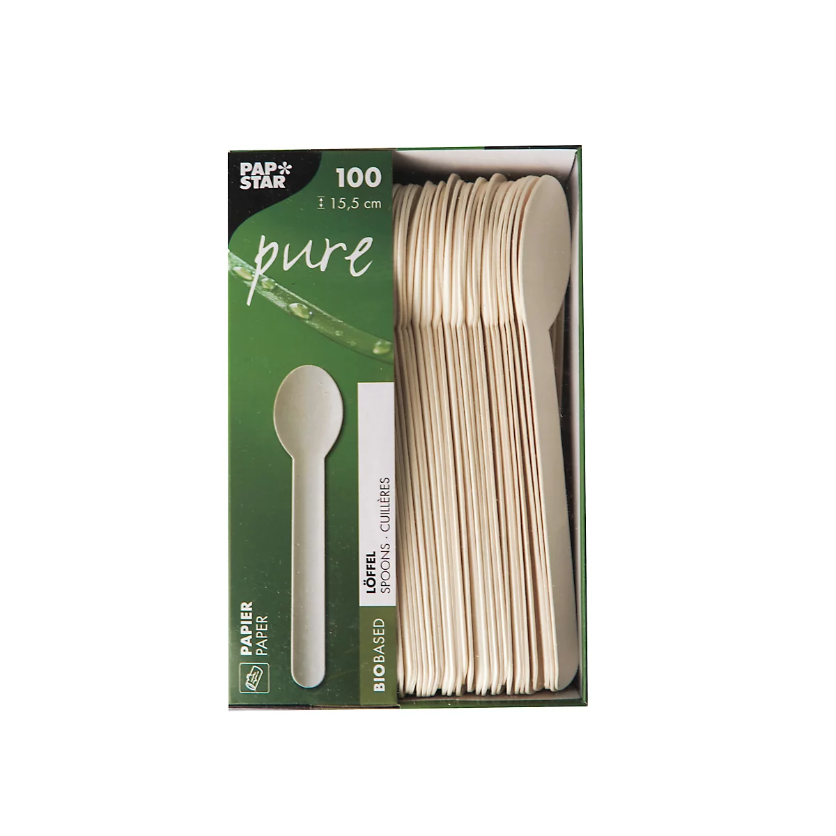 Eine Box mit Holzlöffeln. Auf der Box steht "Pap Star pure" und "100".