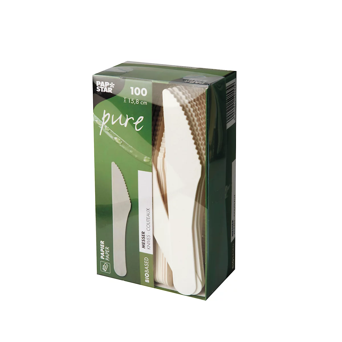 Packung mit 100 kompostierbaren Messern aus Papier, im Vordergrund ein Messer. Aufschrift "pure".