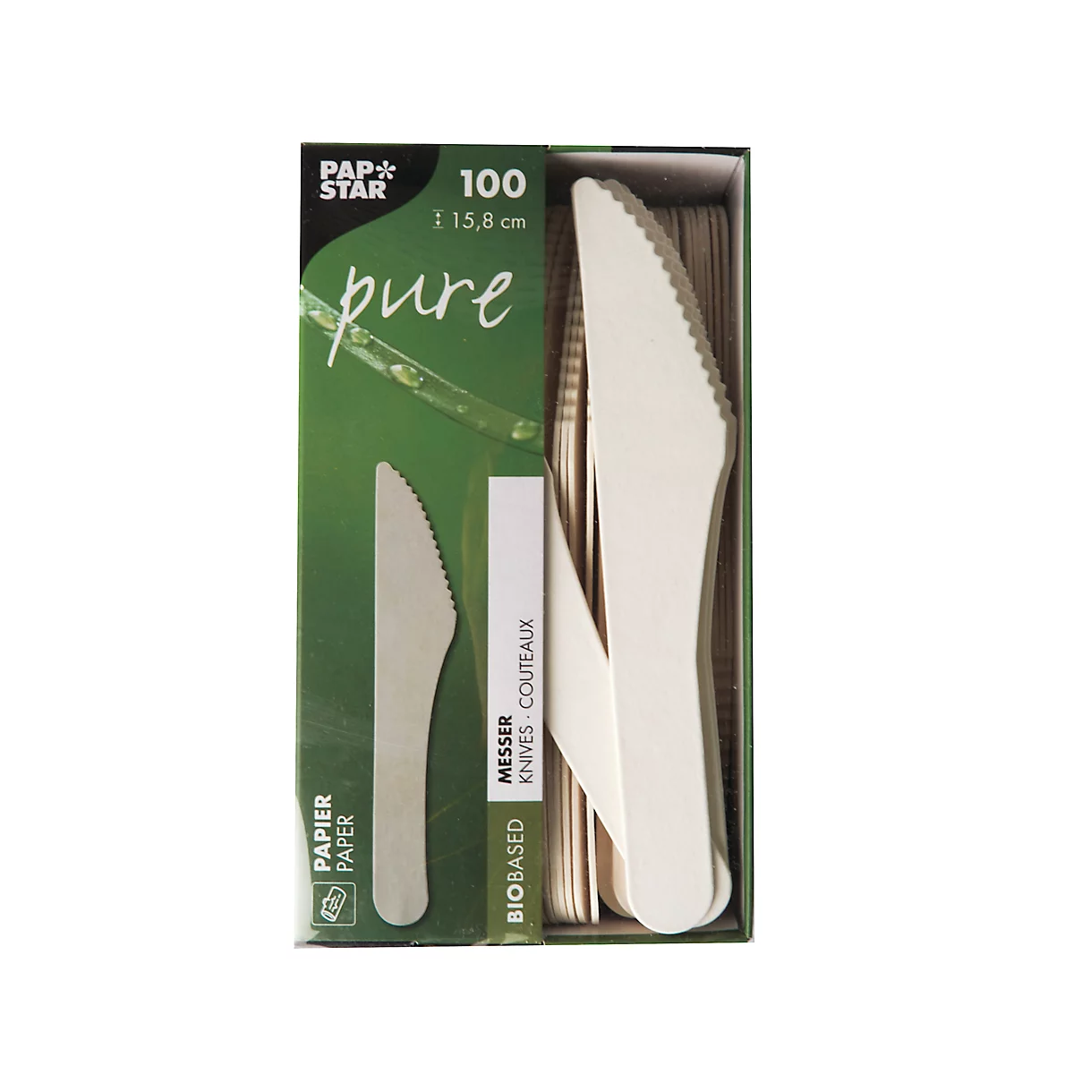 Eine Packung Messer aus Holz, mit Produktnamen und Angaben zur Anzahl, auf weißem Hintergrund.