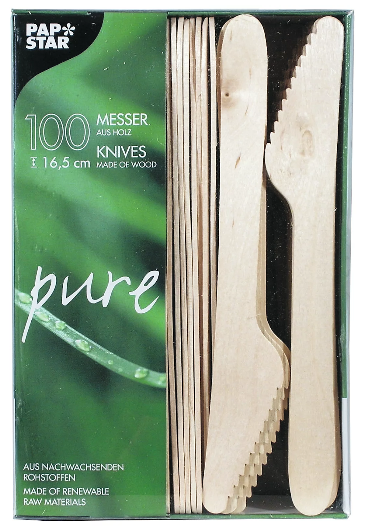 Einweg Besteck Papstar Pure, Messer, L 165 mm, biologisch abbaubar, aus FSC®-zertifiziertem Birkenholz, hellbraun, 100 Stück