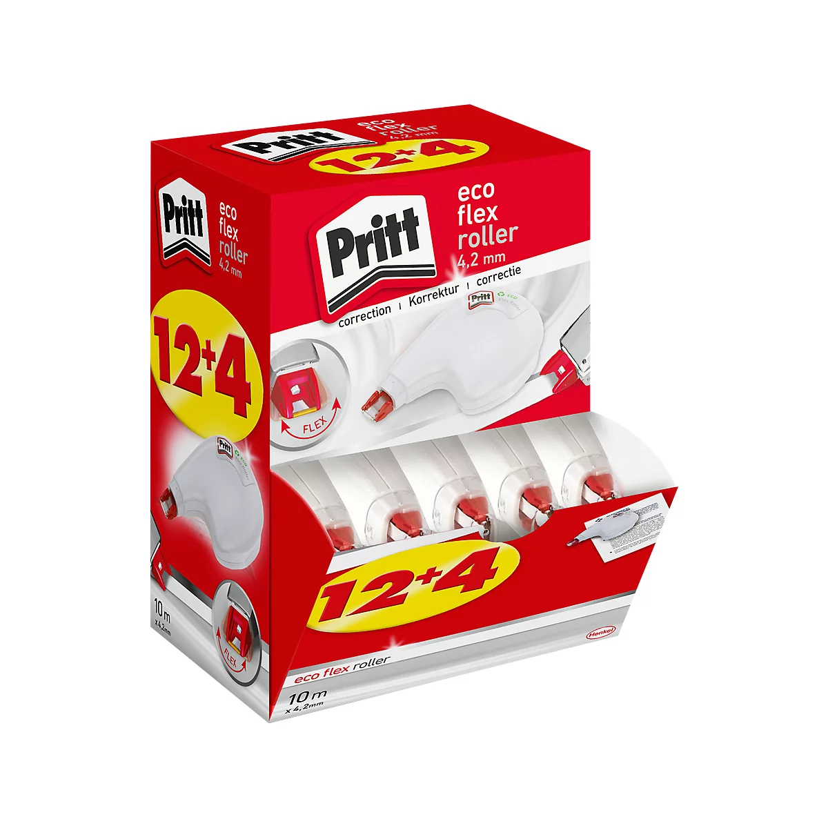 Pritt eco flex roller Box mit 12+4 Korrekturrollern. Rot-weiße Verpackung mit Logo und Produktnamen, Detailansicht der Korrekturroller.