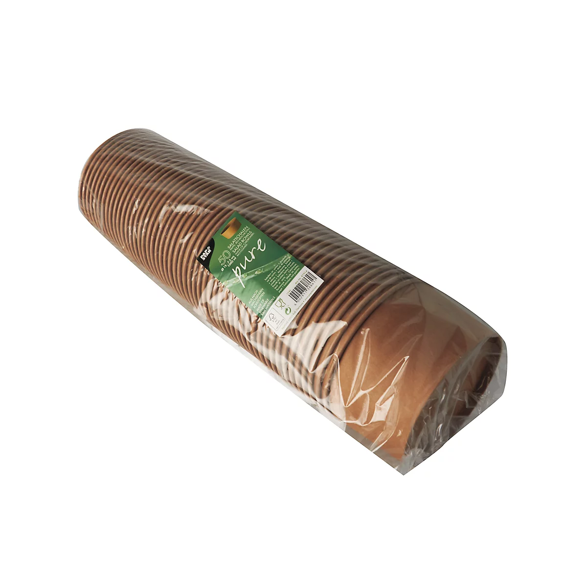 Ein gerolltes Paket aus braunen Pappbechern, in Folie verpackt, mit grünem Etikett.