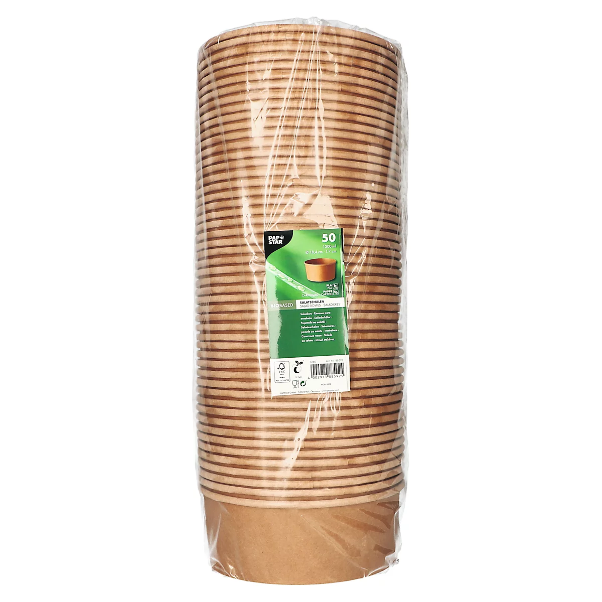 Ein Stapel brauner Pappbecher, verpackt in durchsichtiger Folie. Auf einem Etikett steht "50".