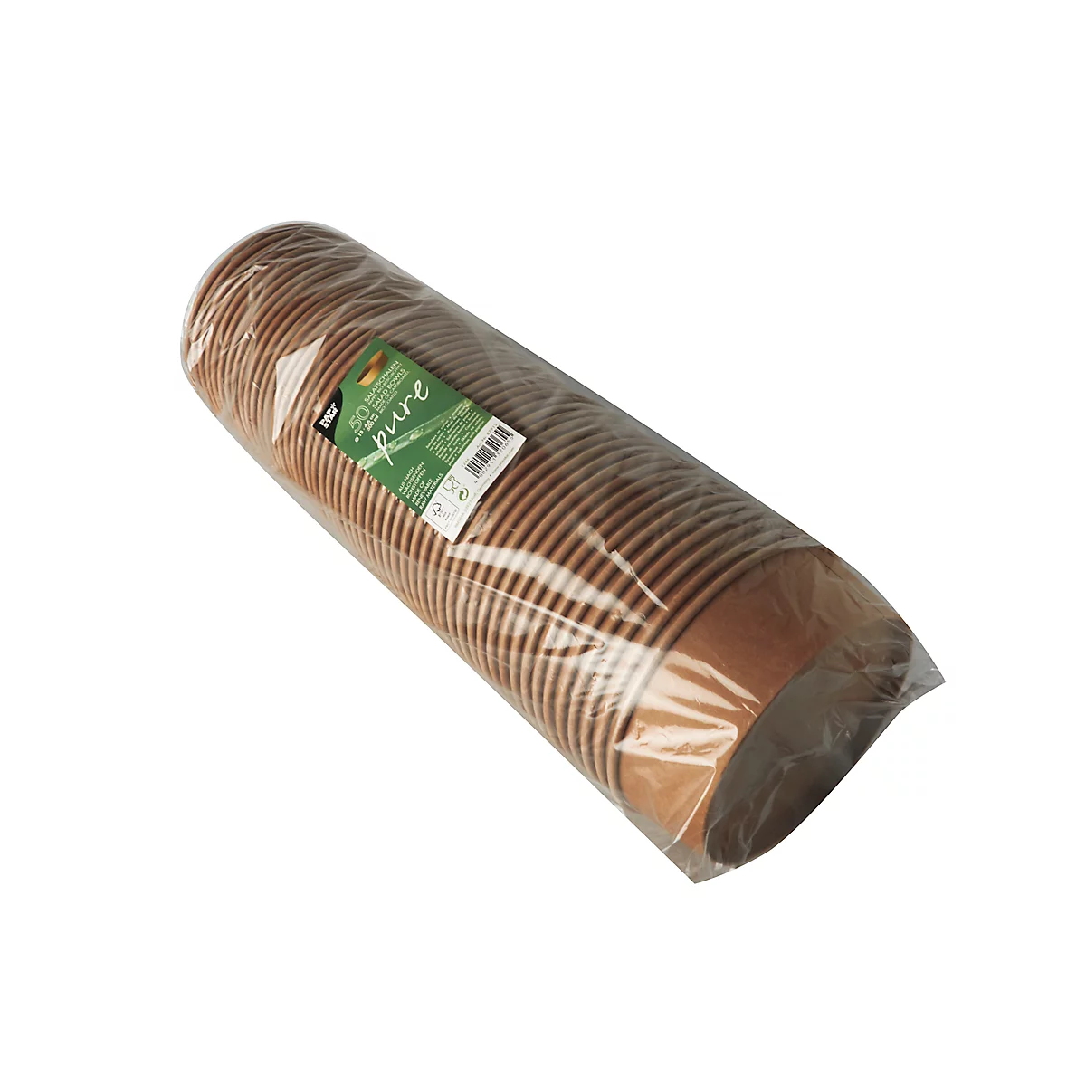 Rolle aus braunen Pappbechern, verpackt in transparente Folie, mit "pure" Etikett.