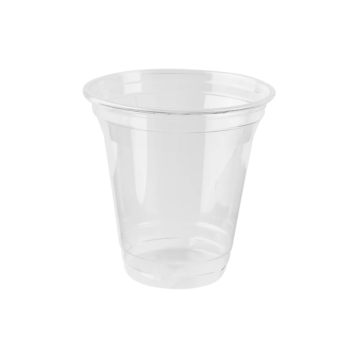 Transparenter Plastikbecher, konisch geformt mit breitem Rand.