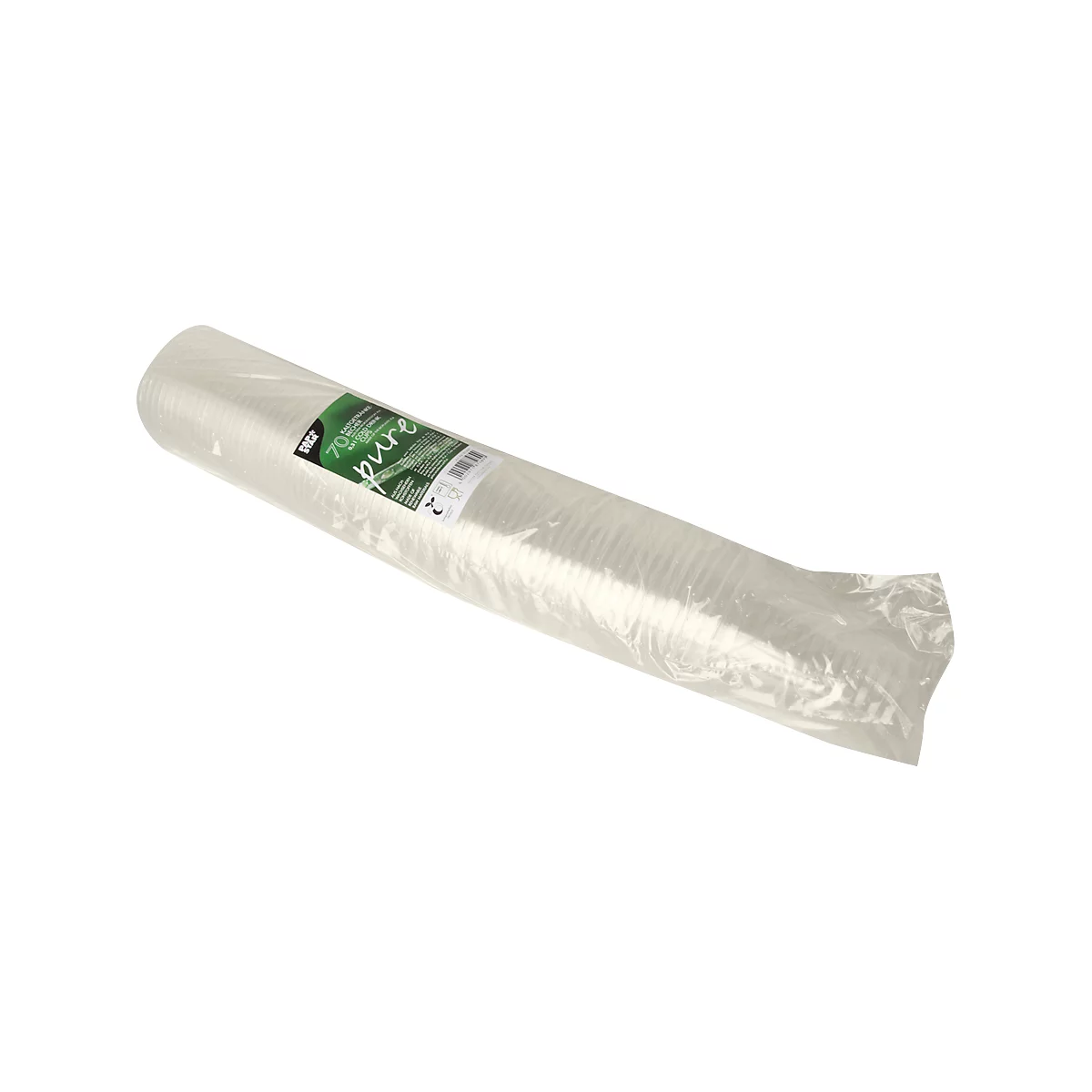 Gerollte weiße Folie in transparenter Plastikverpackung. Etikett mit grüner Schrift.