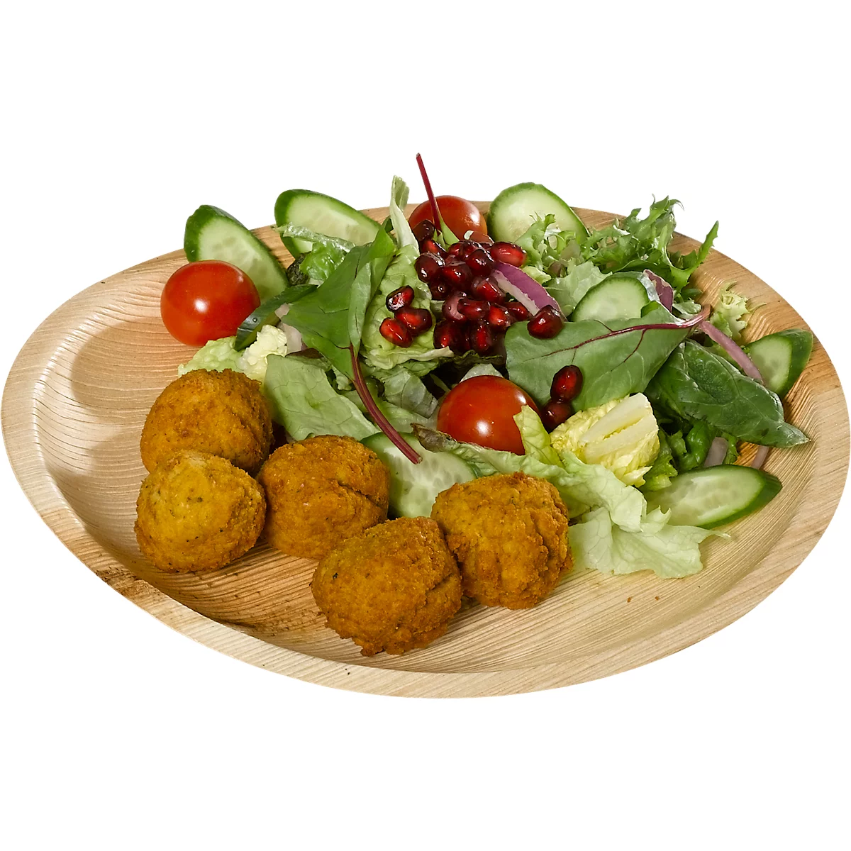 Ein Teller mit Falafel, Salat und Granatapfelkernen. Die Falafel sind goldbraun, der Salat grün und rot.