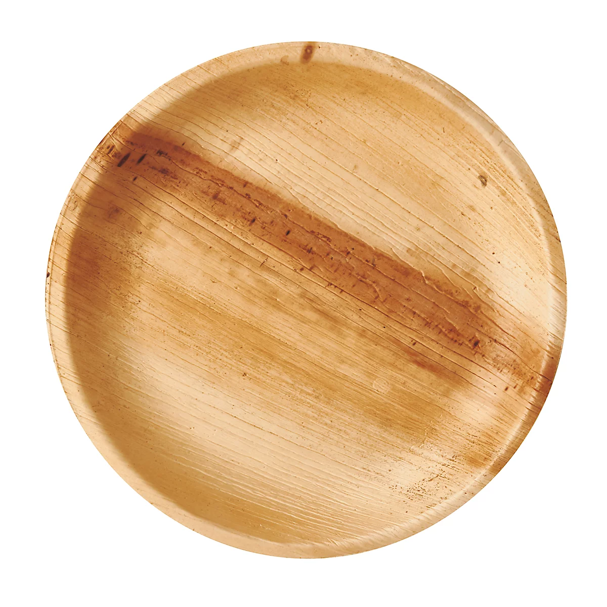 Runder, brauner Teller aus Holz. Die Maserung des Holzes ist deutlich zu sehen.