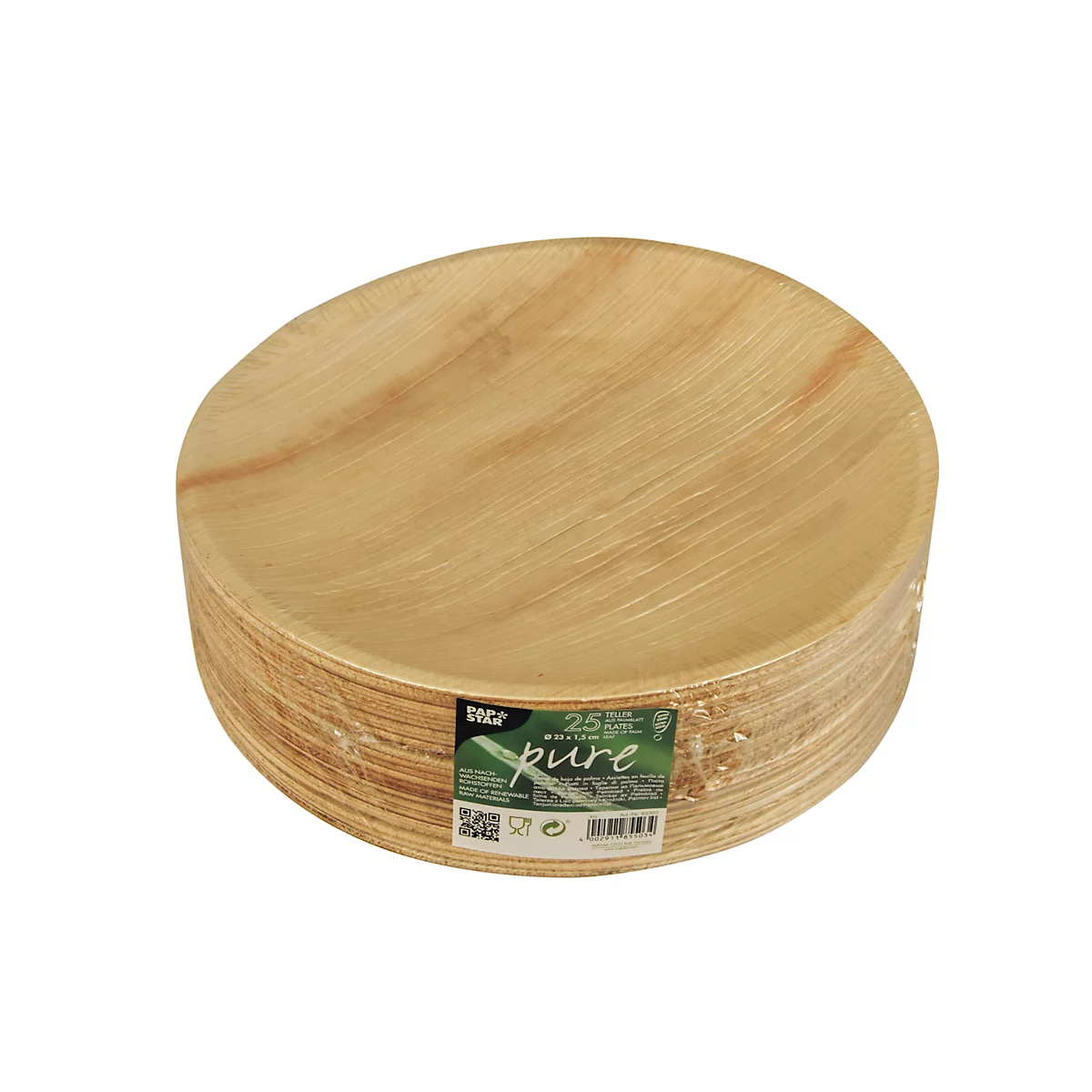 Ein Stapel runder, unbehandelter Holzplatten, teilweise in Folie verpackt, mit Etikett.
