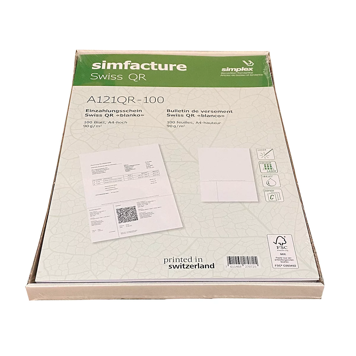 Einzahlungsscheine Simfacture Swiss QR, A4, 90 g/m², weiss, FSC®-zertifiziert, 100 Blatt