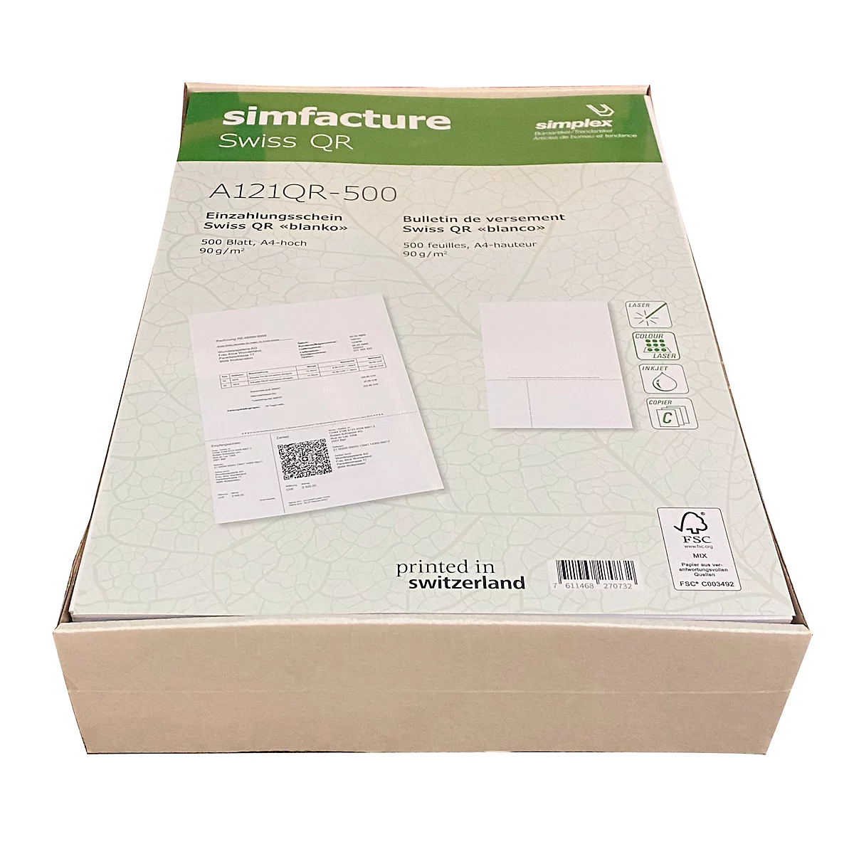 Einzahlungsscheine Simfacture Swiss QR, A4, 90 g/m², weiss, FSC®-zertifiziert, 500 Blatt