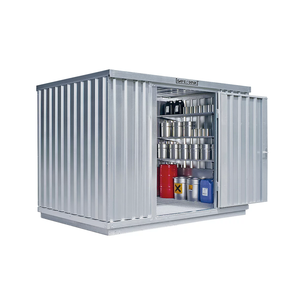 Einzel-Container Säbu SAFE TANK 1000, WGK 1-3 Volumen 1030 l, mit Auffangwanne & Gitterrost, B 3050 x T 2170 x H 2300 mm, silber