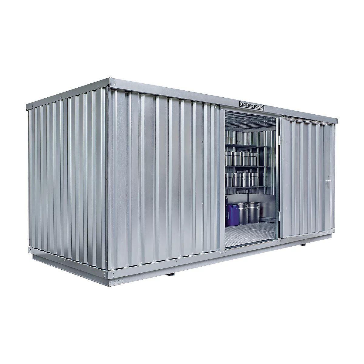 Einzel-Container Säbu SAFE TANK 1700, für passive Lagerung, Volumen 1480 l, mit Auffangwanne & Gitterrost, B 5080 x T 2170 x H 2300 mm, silber
