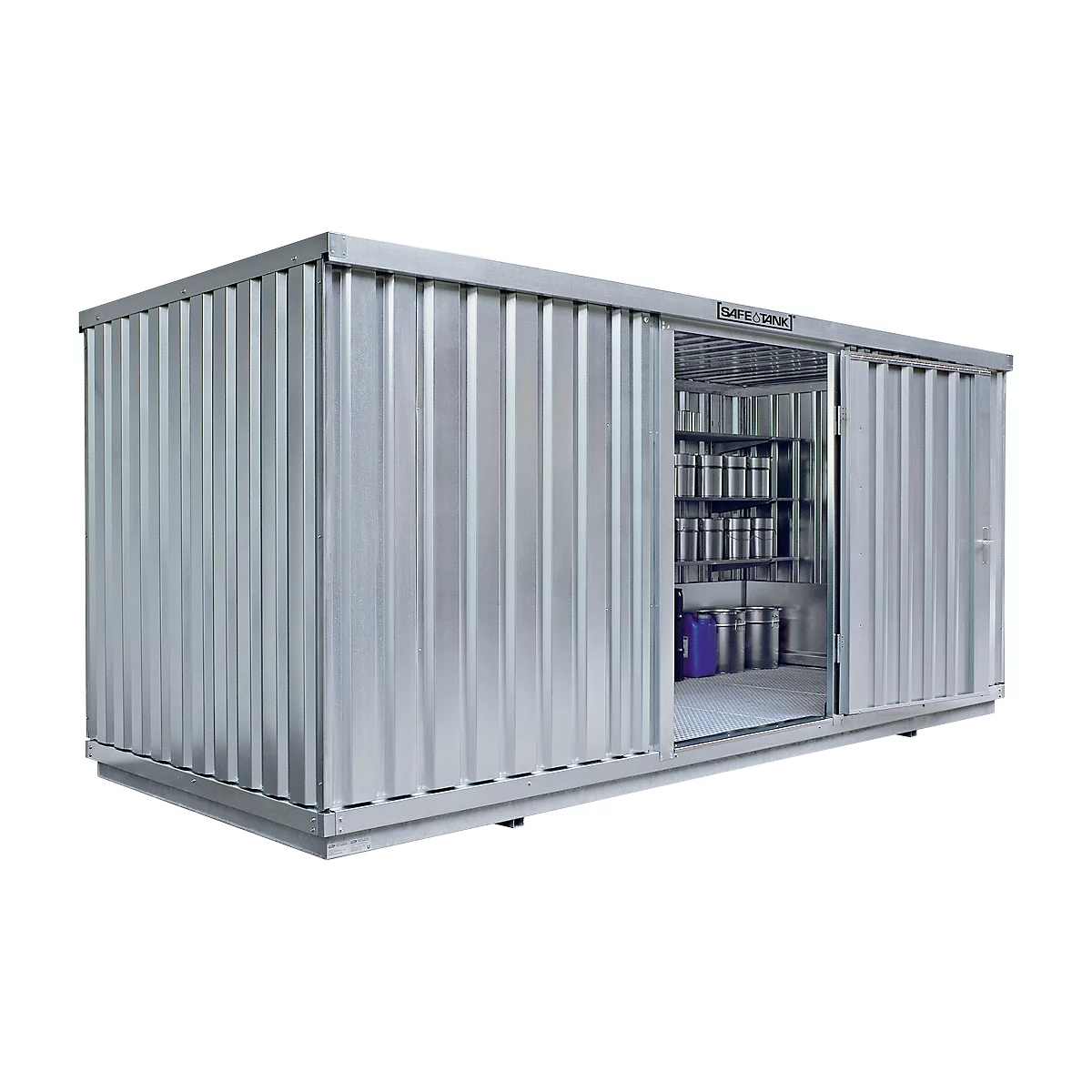 Einzel-Container Säbu SAFE TANK 1700, WGK 1-3, Volumen 1480 l, mit Auffangwanne & Gitterrost, B 5000 x T 2000 x H 2300 mm, silber